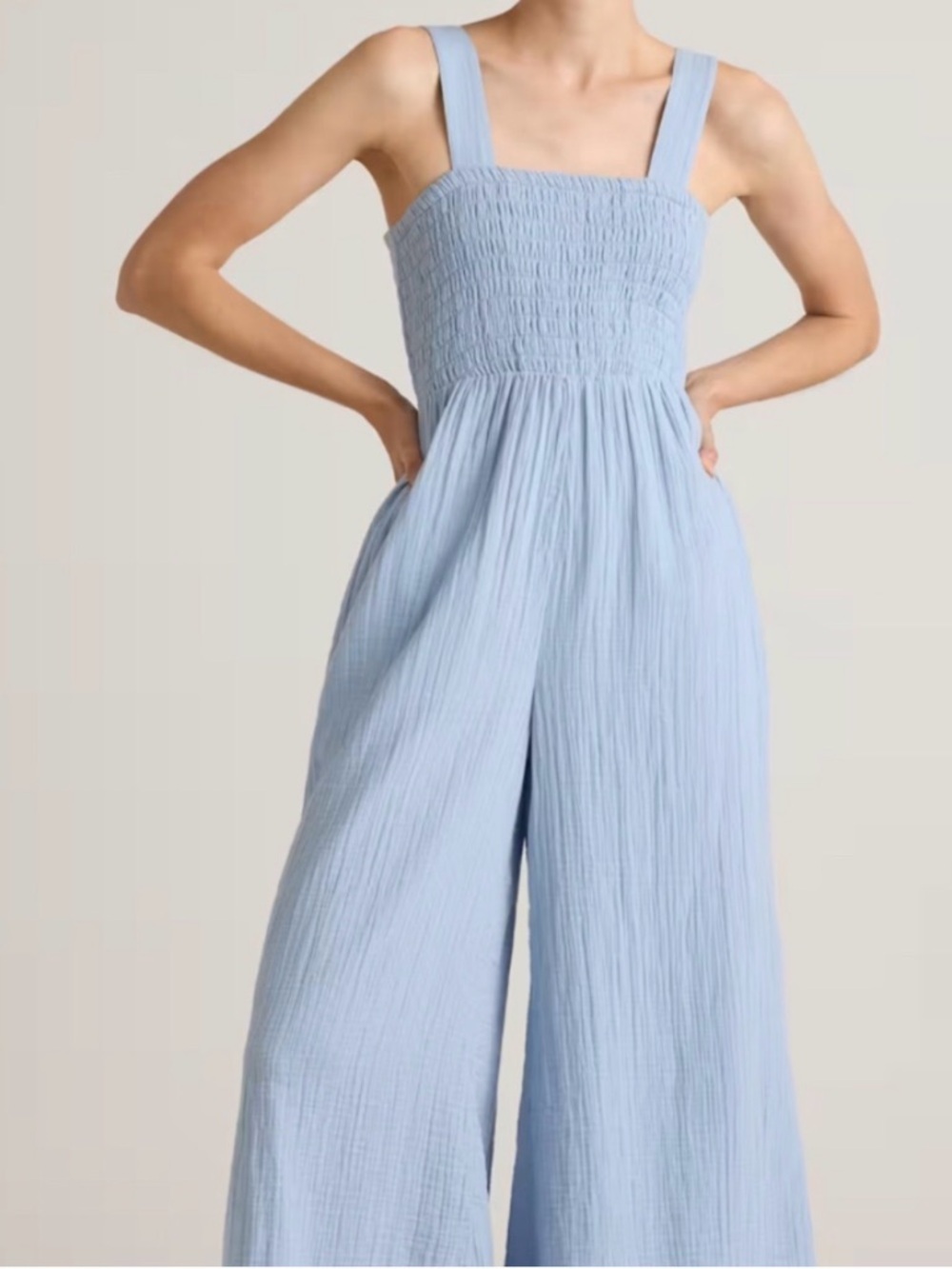 Quince Organic Cotton Smocked Bodice Wide-Leg Jumpsuit in Sky Blue
